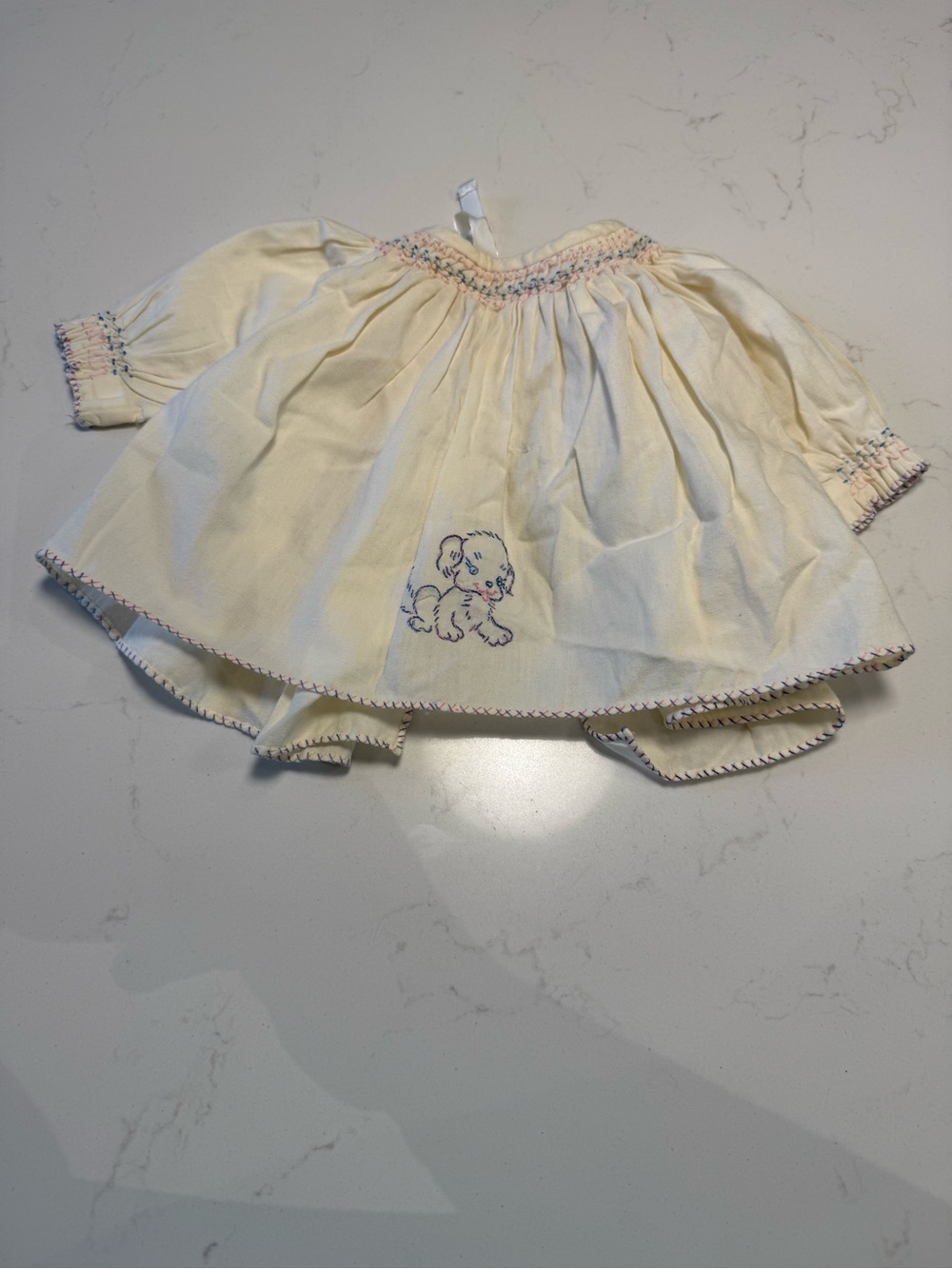 Vintage Cream Baby Dress with Embroidered Puppy